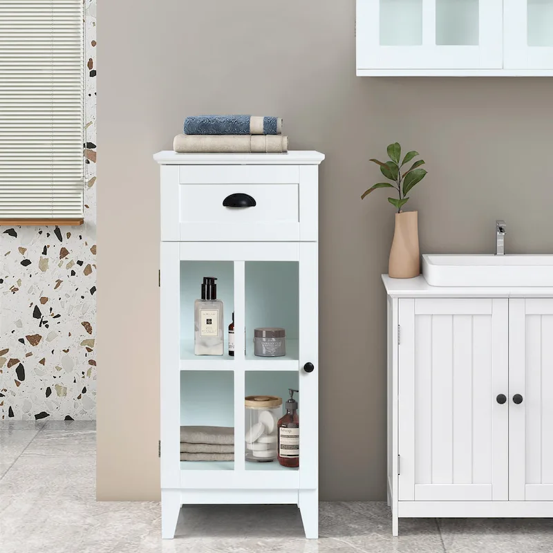 White Wood Slim Storage Cabinet with Glass Door - 37 H x 15.7 W x 11.8 D