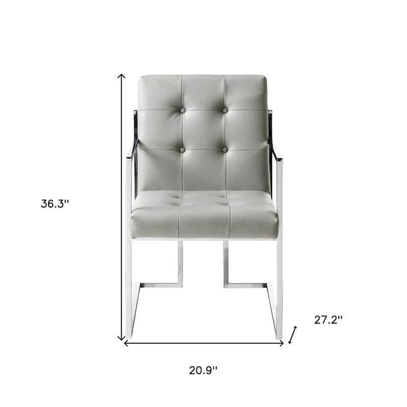 HomeRoots Set of Two Tufted Light Gray and Silver Metallic Upholstered Faux Leather Dining Arm Chairs