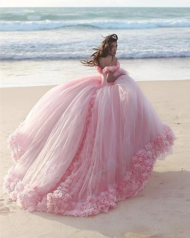 Off The Shoulder Flowers Tulle Ball Gown Pink Quinceanera Dresses