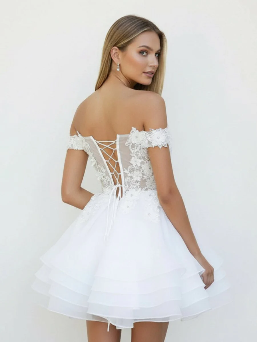 A-Line Lace Organza Appliqued Off-the Shoulder Prom Dress