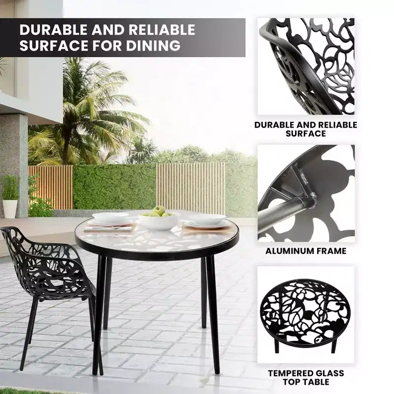 LeisureMod Devon 3-Piece Aluminum Outdoor Bistro Set - Glass Top Dining Table and 2 Stackable All-Weather Mesh Chairs