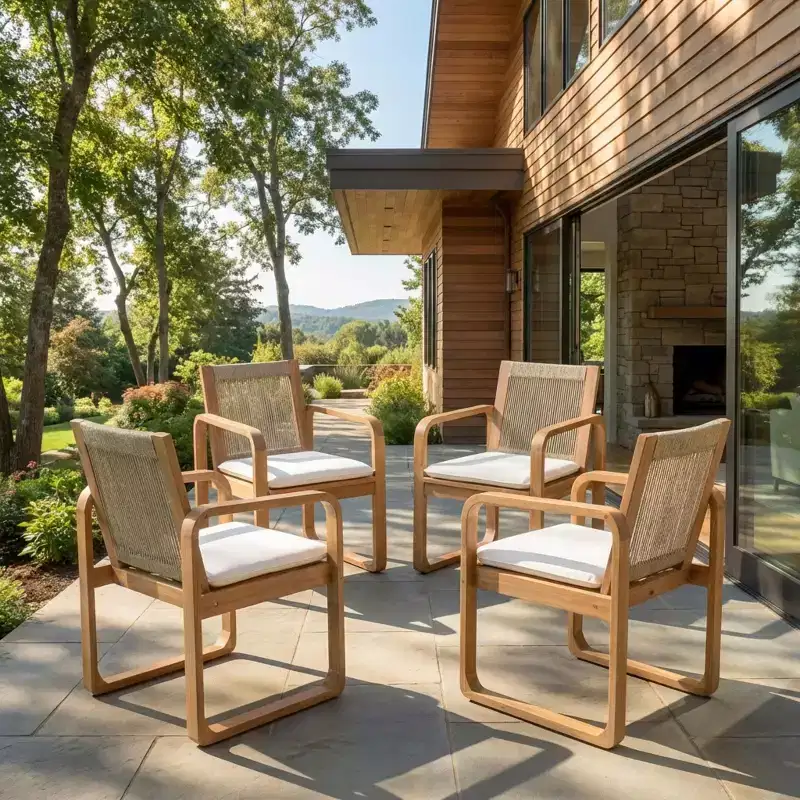 ModernLuxe 2pcs Outdoor Dining Chair Set, Acacia Wood Frame Armchairs Patio Side Chair with Rope Back & Water-Repellent Beige Cushions, Light Teak