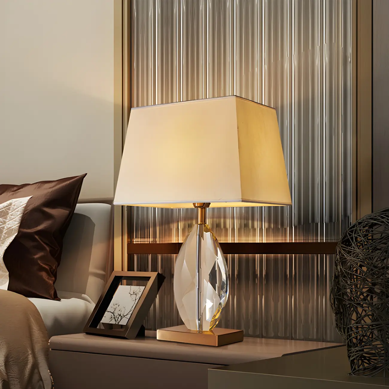 Luxury Crystal Bedside Lamp Beige Rectangle Shade