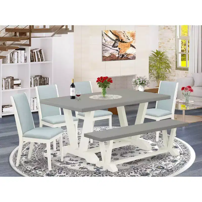HomeStock 6-Piece Rectangle Natural Oak Finish Solid Wood Top Dining Table with 1-Bench, 4-Chairs