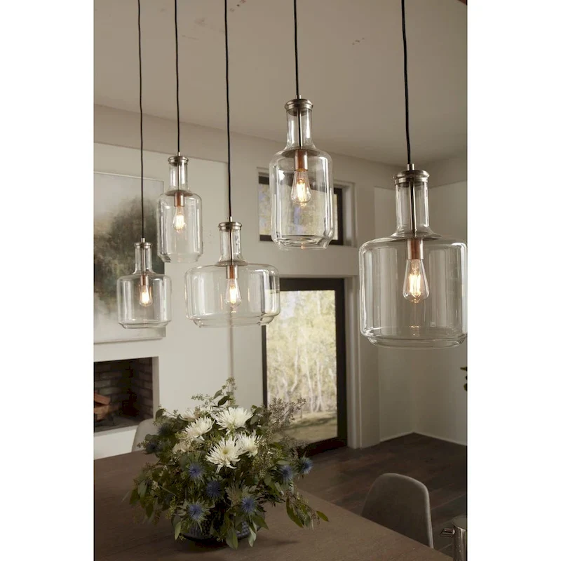 Latrobe Collection One-Light Brushed Nickel Clear Glass Coastal Pendant Light - 12.25 in x 12.25 in x 14 in