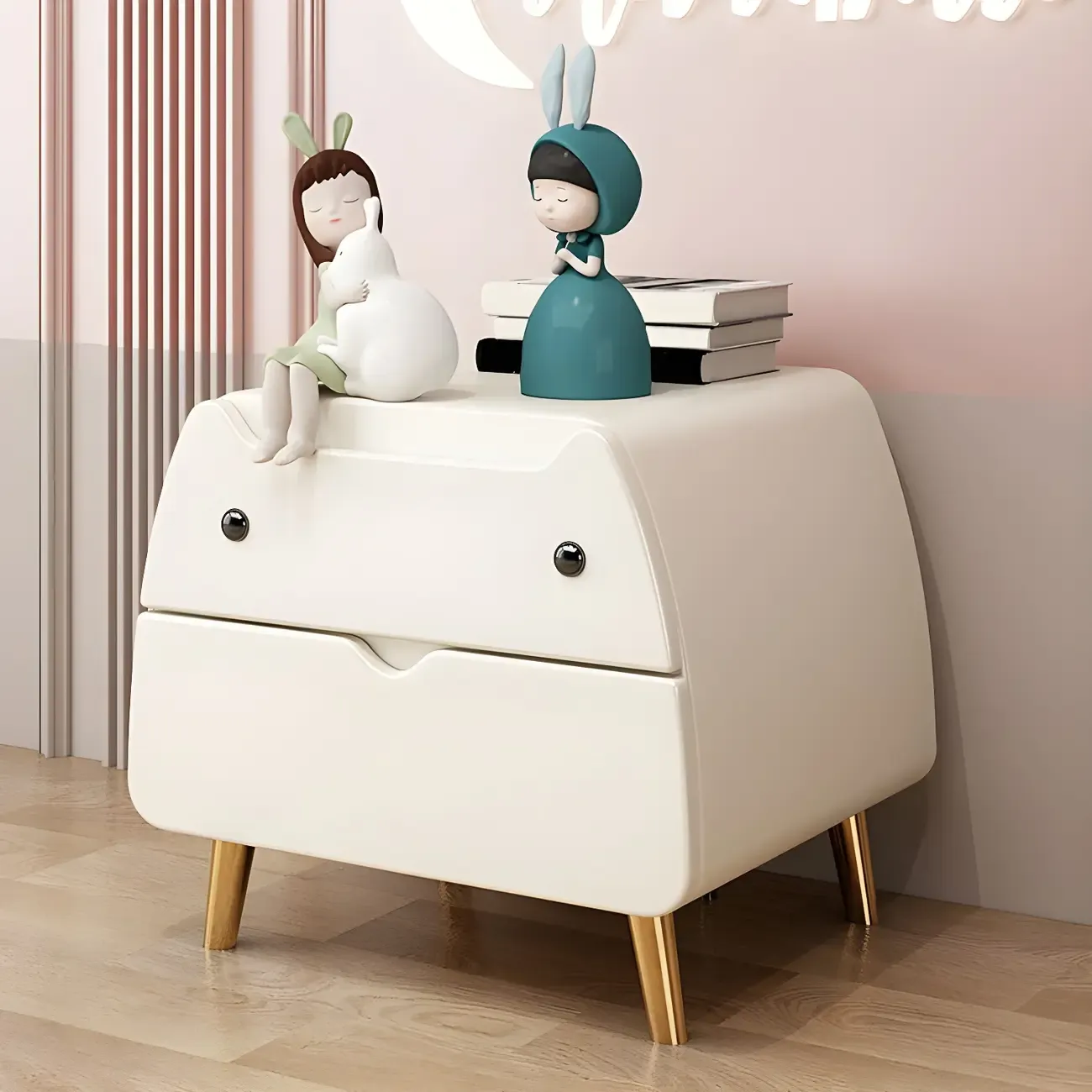 Pink Cute Cat Shape Scandinavian Nightstand with 2 Drawers