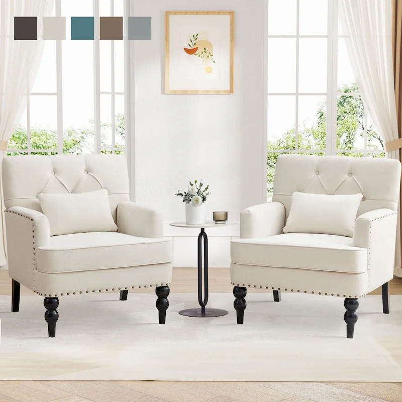 2 Arm Chair Upholstered Button Tufted Accent Chair with Lumbar Pillow Beige/Grey/Light Blue