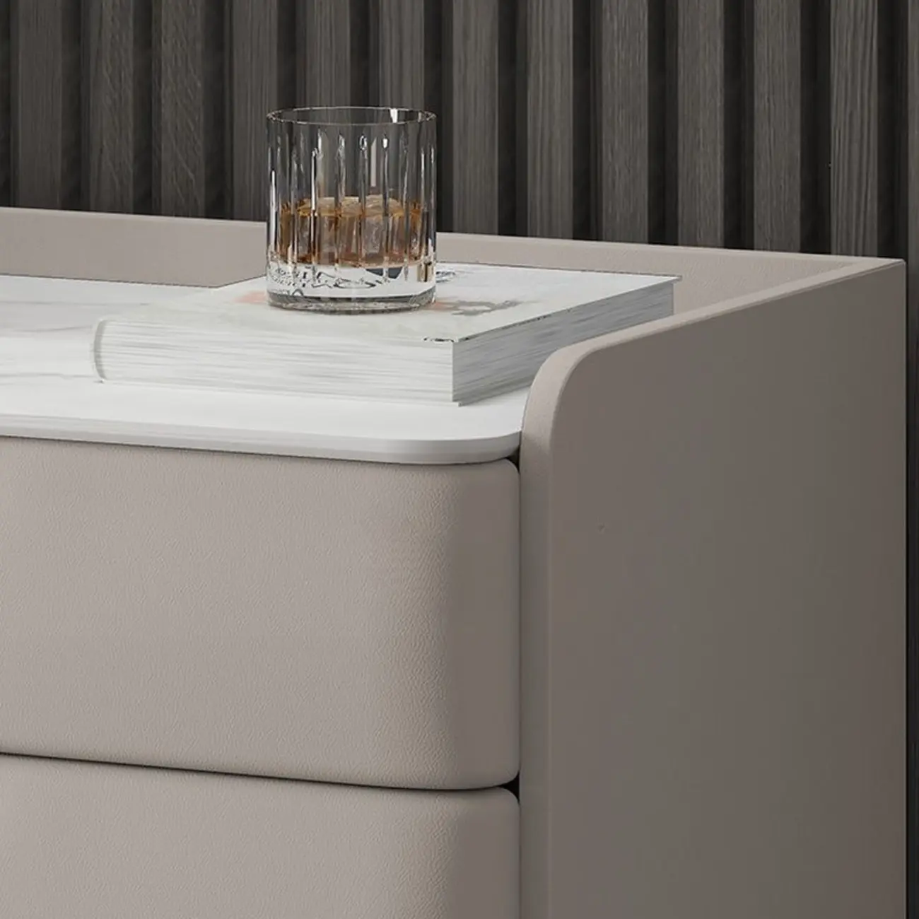 Modern Leather Stone Top Gold Accents 3-Drawer Nightstand