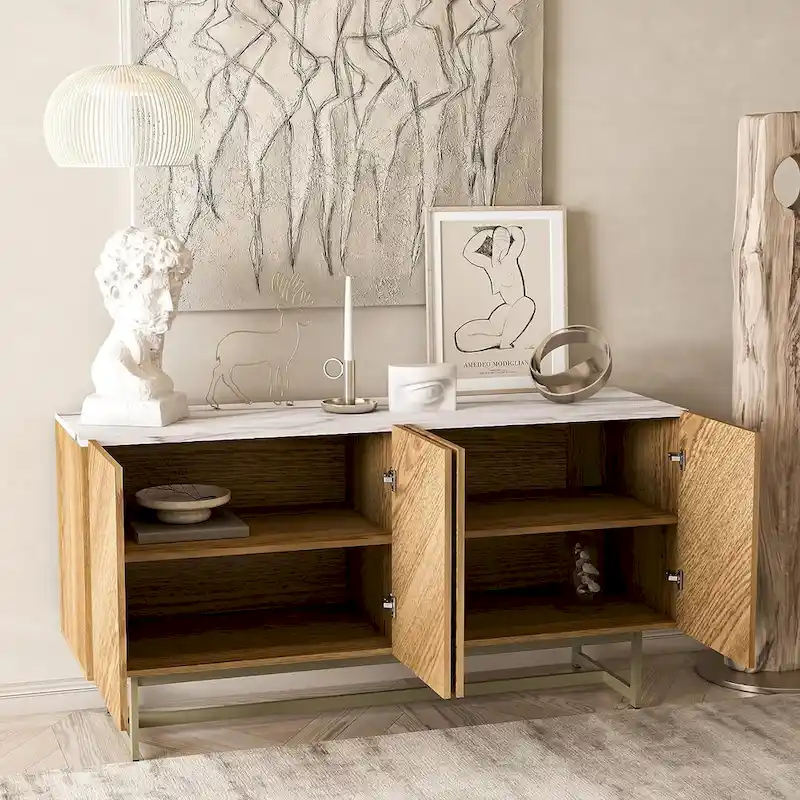 Media Console Cabinet & TV Stand with Herringbone Doors, Faux Marble Top, up to 60 Inch