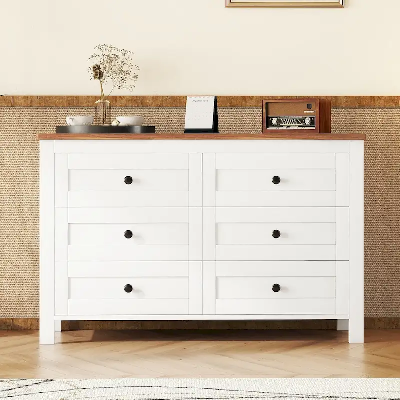 Retro Farmhouse Style Wooden Dresser with 6 Drawer, Storage Cabinet for Bedroom