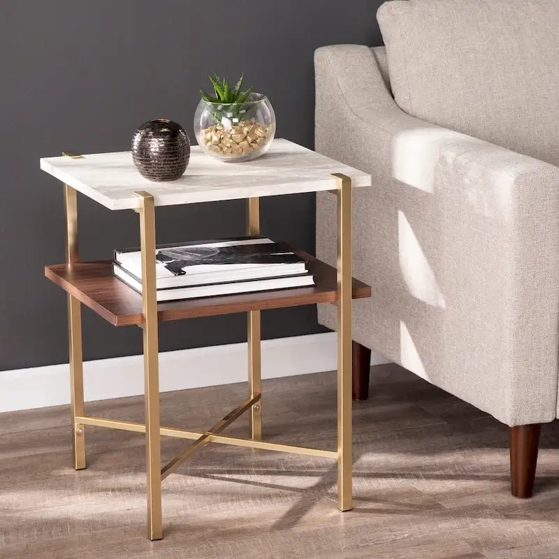 Square Faux Marble Side Table with Storage