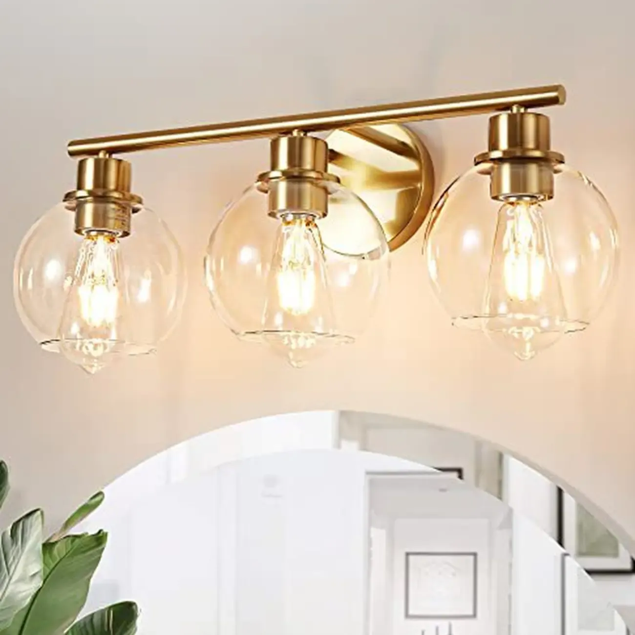 3-Light Vintage Brass Globe Vanity Light Fixture for Bathroom