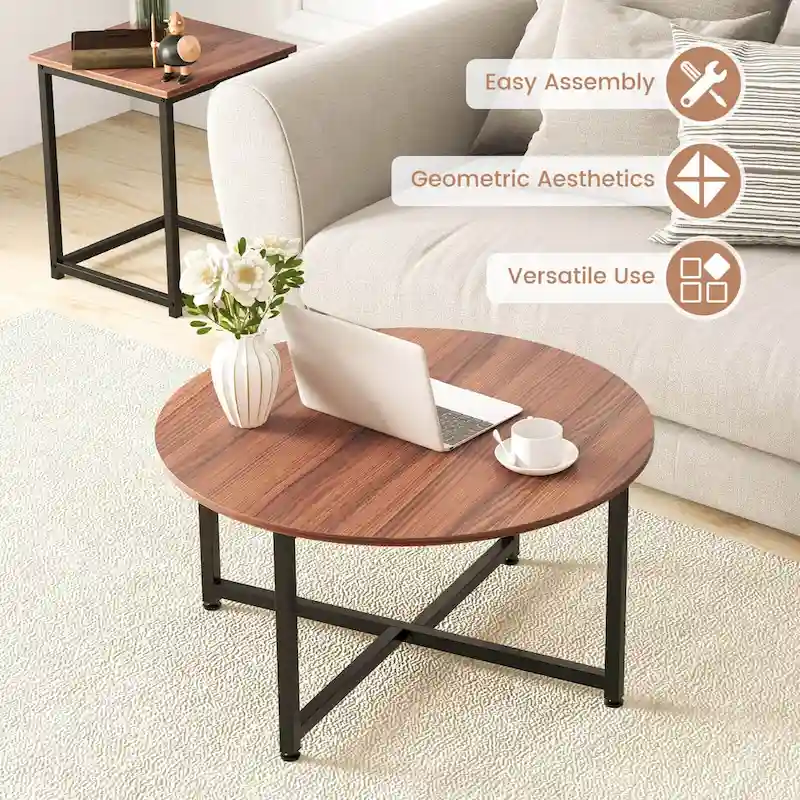 Costway 3 PCS Coffee Table Set Round Coffee Table and 2PCS Square End - See Details