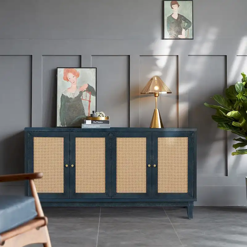 Handcrafted Premium Grain Panels, Rattan Sideboard Buffet Cabinet, Accent Storage Cabinet, Navy Blue