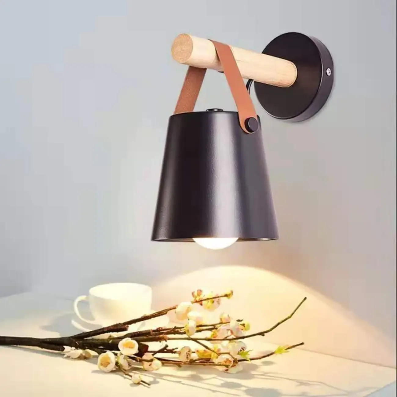 Modern Wall Sconce Wood and Metal with Leather Strap