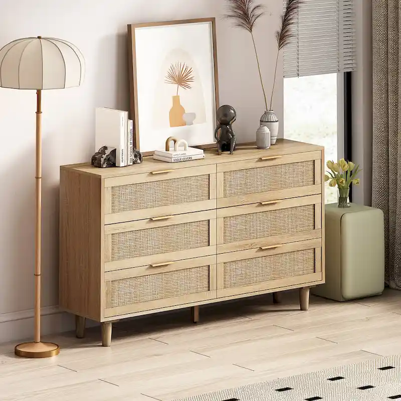 Natural/Black Rattan 6-Drawer Dresser Storage Cabinet