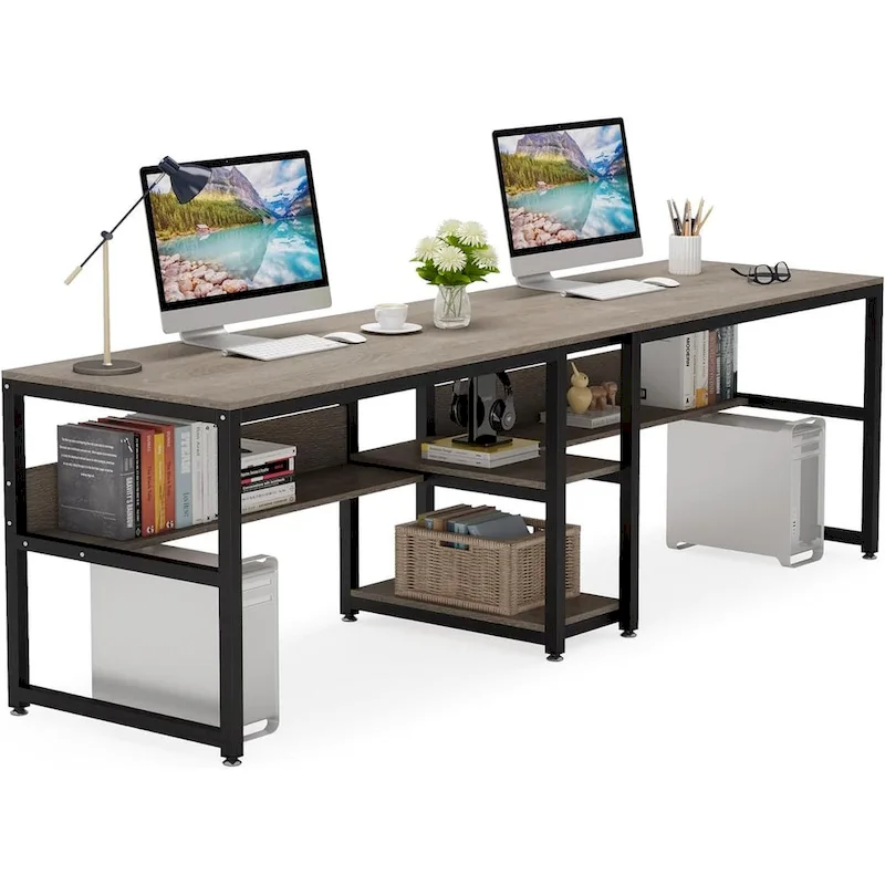 Brown/Black/White/Grey/Light Grey 2-Person Desk with Bookshelf, Industrial Style
