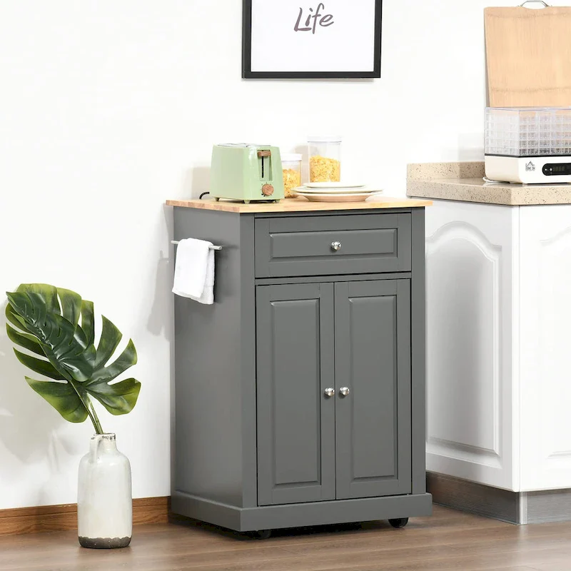 Rolling Kitchen Island Cart with Drawer and Cabinet - Black/Grey/Cream White