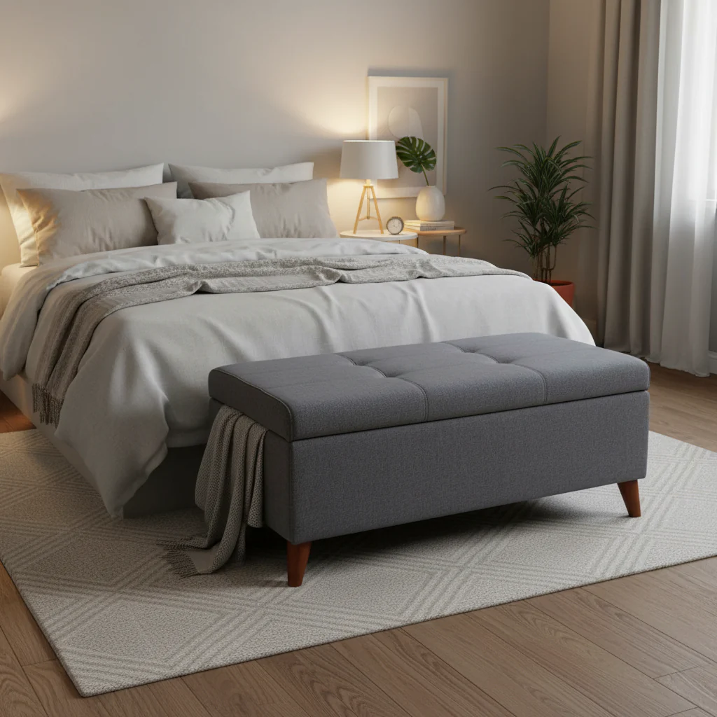 Gray Fabric Storage Ottoman Bench with Brown Wood Legs and Lift-Top – 38 in – 1 or 2 Person
