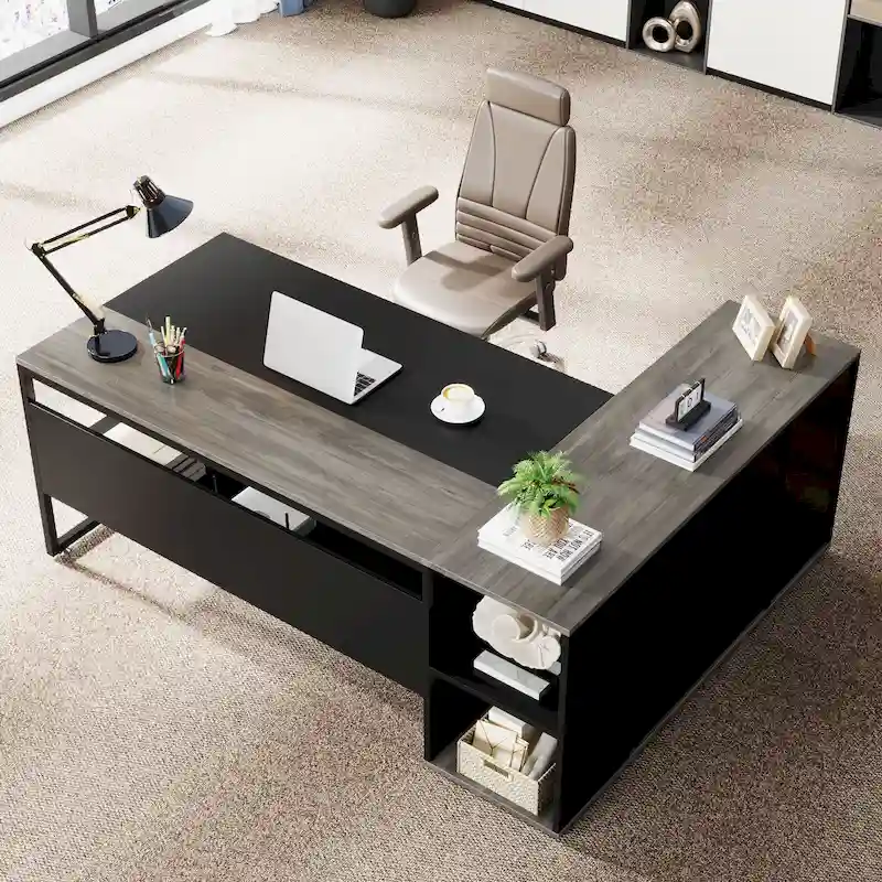 L-Shaped Office Desk with Cabinet & Shelves, 2-Person Workstation