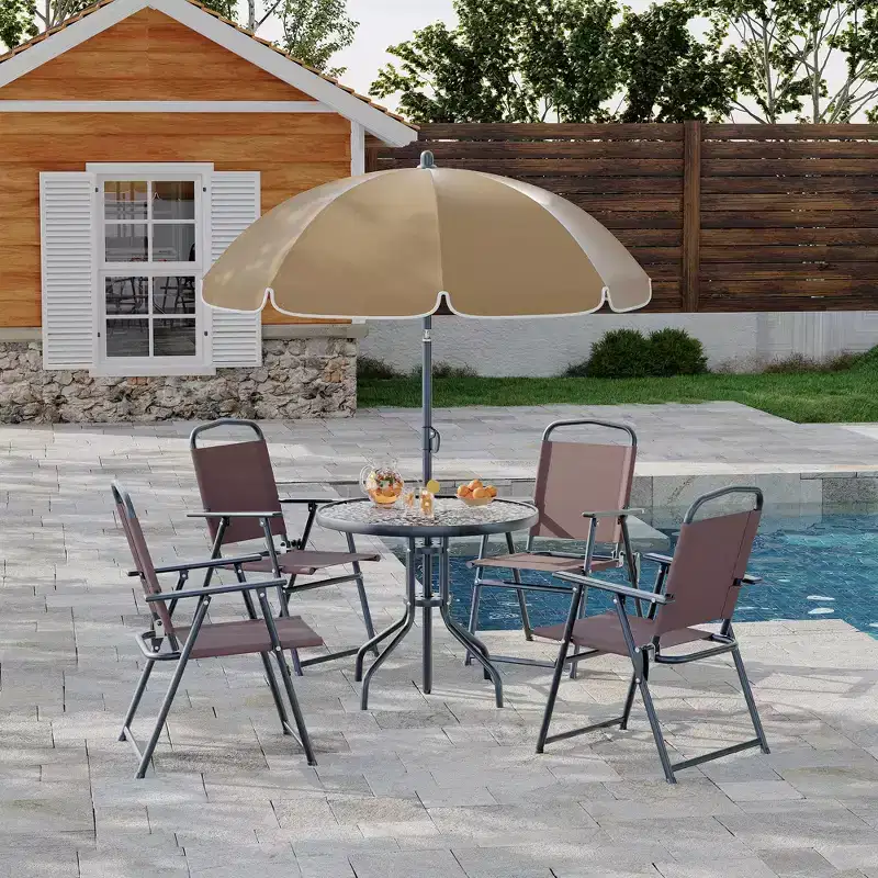 Outdoor Dining Set, 4 folding chairs and a sunshade, perfect for patios and gardens. Easy to assemble and store.