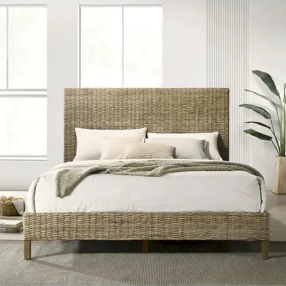 Grey Rattan Panel Bed – Queen / King / California King, Sleeps 2
