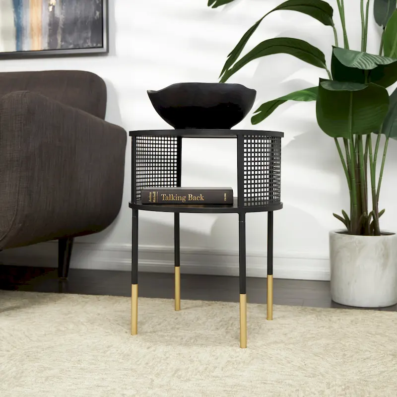Metal Geometric Open Grid Accent Table or Coffee Table with Gold Legs, Black