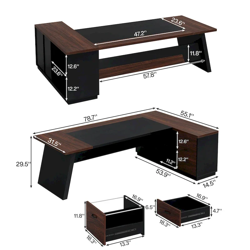 78.7-inch L Shaped Executive Desk with Drawers and Lateral File Cabinet