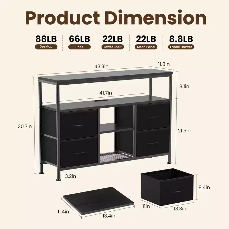 JIONJOY 43 TV Stand with 4 Fabric Drawers, Built-in Outlet & LED Lights - Fits 50 TVs for Living Room Bedroom