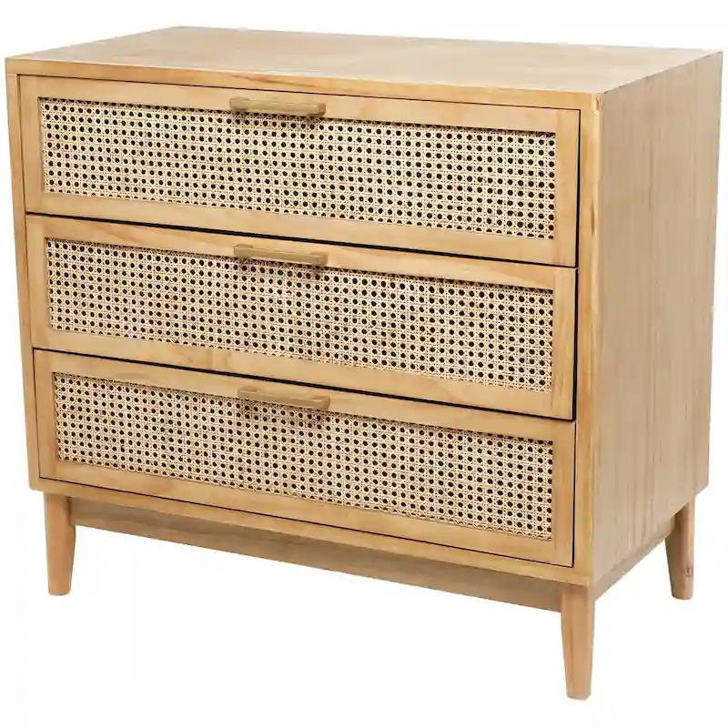 Wood 3 Drawer Cabinet with Cane Front Drawers and Gold Handles - Light Brown or Black - Roche River Decor