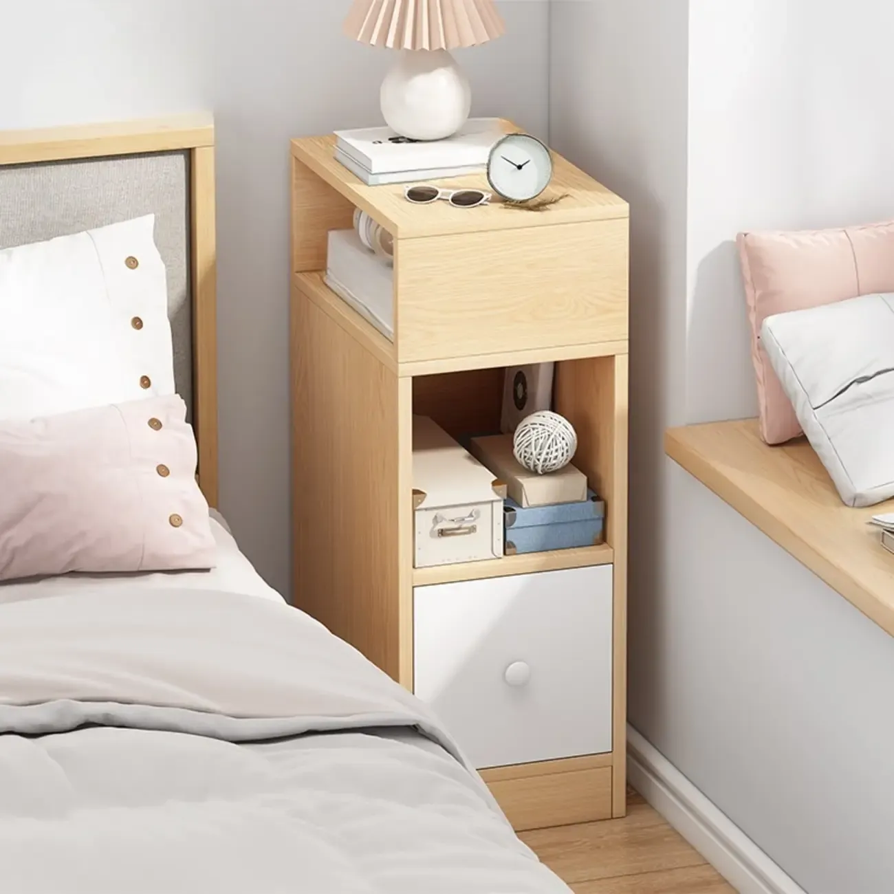 Wood Finish White Narrow Length Multi-Drawers Nightstand
