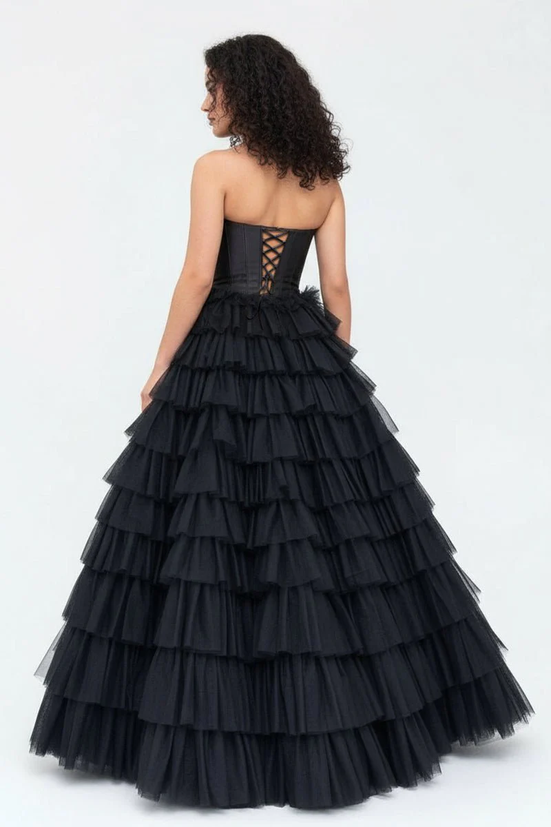 A-Line Sweetheart Tiered Tulle Prom Dress with Slit