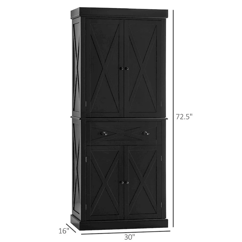Black Freestanding 4-Door Pantry Cabinet with 6 Shelves and 1 Drawer