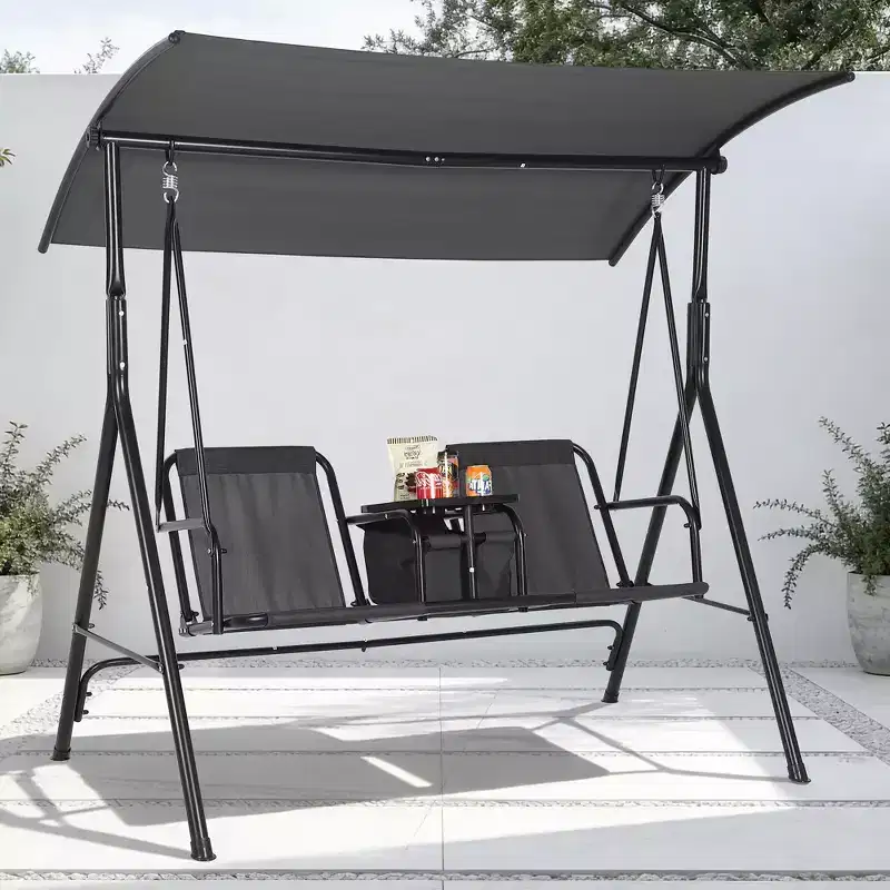 Outdoor Patio Swing Chair with Adjustable Canopy, Outdoor Patio Glider Swing with Heavy Duty Stand for 2 Adult Persons, Ideal for Lawn, Backyard