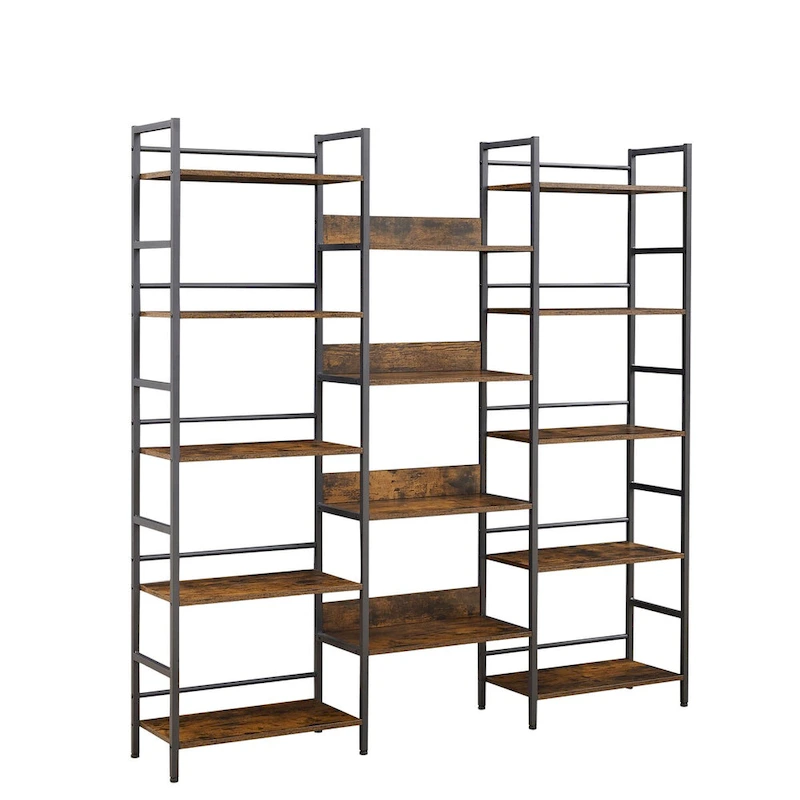 Triple Wide 5-shelf Bookshelves Industrial Retro Wooden Style Home and Office Large Open Bookshelves