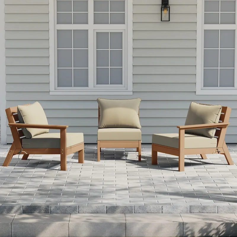 Polytrends Birchwood All Weather HDPE Outdoor Patio Deep Seating Teak Sofa With Cushions (3-Piece)