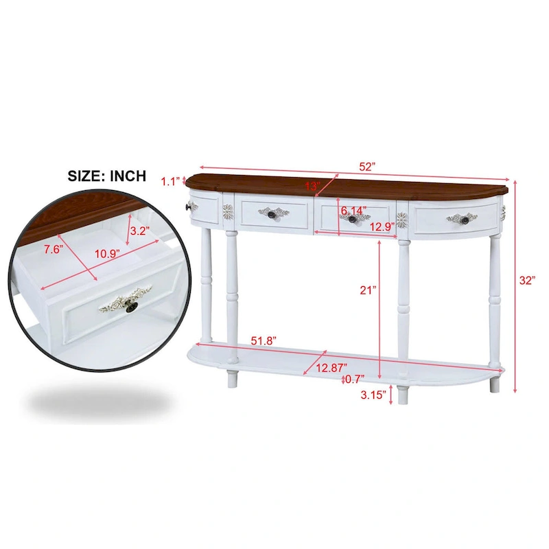 52 inch Circular Half Moon Sofa Table with Open Shelf and 2 Drawers