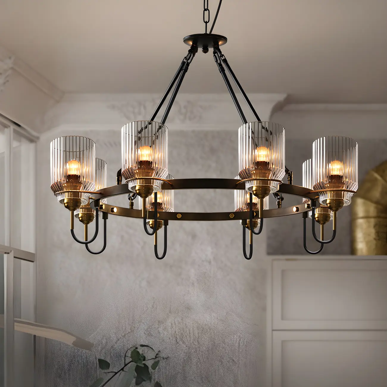 Modern Industrial Black Cylinder Glass Hoop Chandelier