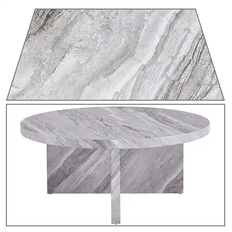 Modern Stylish Wooden Round Coffee Table with Imitation Marble Veneer Surface