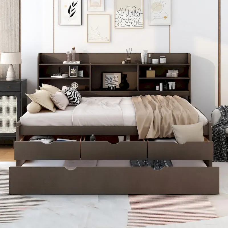 Full Pine Captain Bed with Shelves, Drawers & Trundle