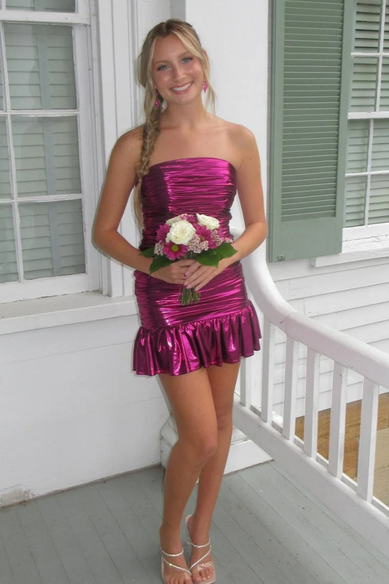 Magenta- Sheath Strapless Metallic Ruffles Pleated Short Homecoming Dress