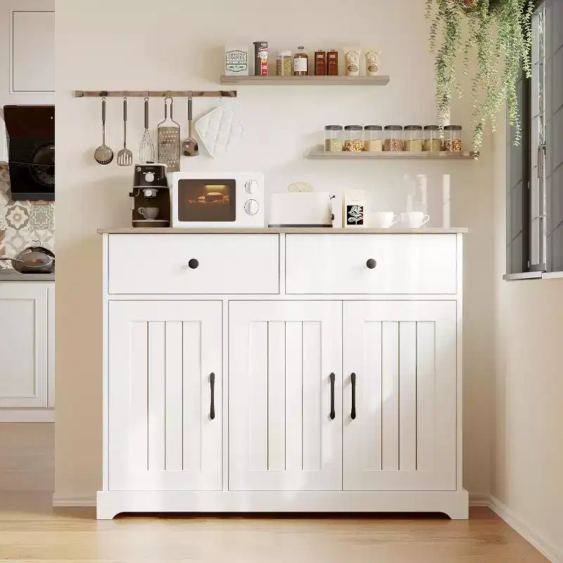 Modern Farmhouse Kitchen Storage Cabinet with 42-Inch Width, Sideboard Buffet with Drawers, Adjustable Shelves and Doors, For Living and Dining Room