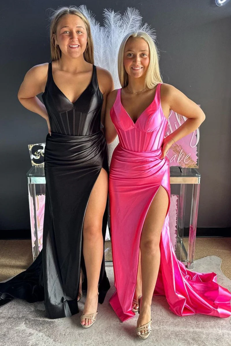 Grape Mermaid Satin V Neck Long Prom Dress with Slit