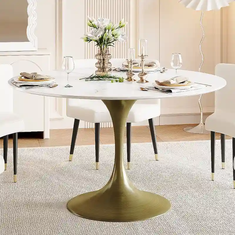 JASIWAY Modern Faux Marble Top Iron Pedestal Dining Table