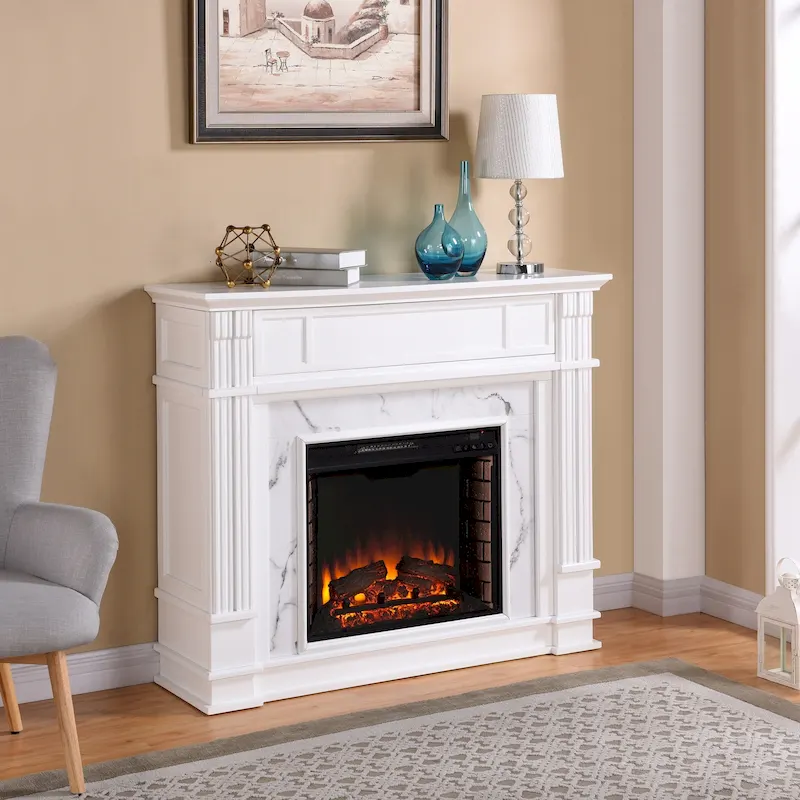 White Electric Fireplace with Faux Marble Mantel, 2-Style Firebox, Fits 1–2 Rooms