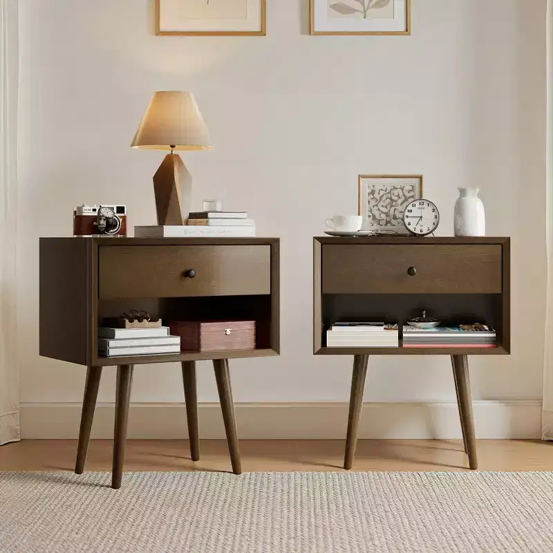 AMERLIFE Solid Wood End Table Set of 2 with Drawer & Open Cubby, Mid-Century Modern Nightstands for Bedroom & Living Room, Fully Assembled
