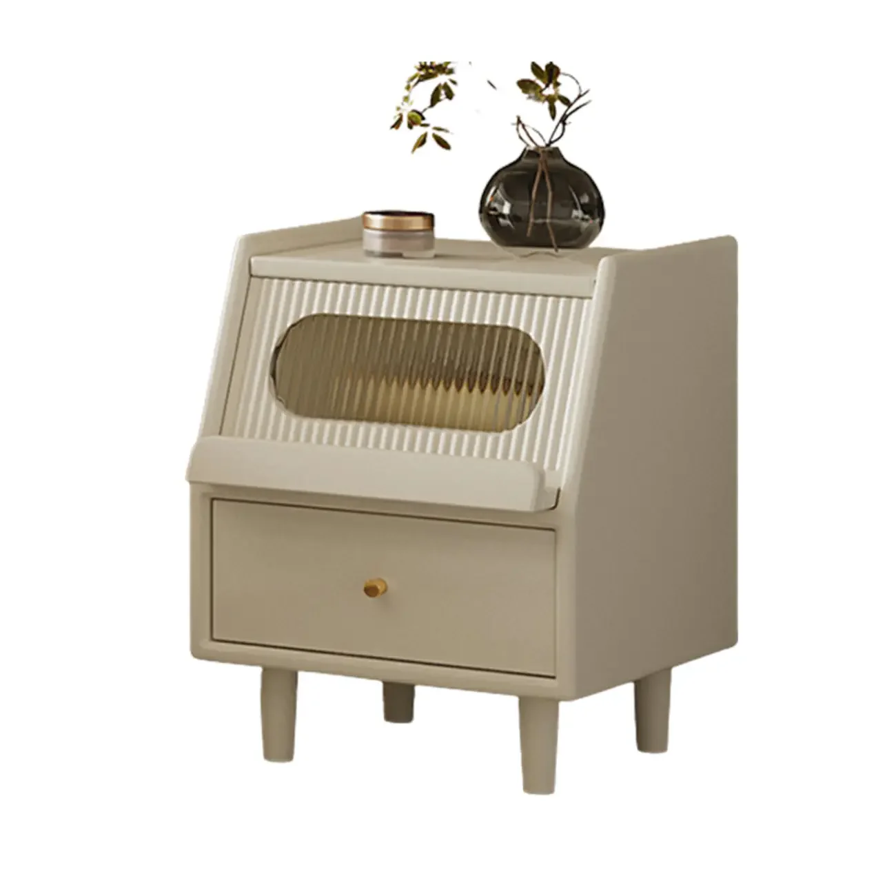 White Rubberwood 2 Drawers Narrow Nightstand with Legs