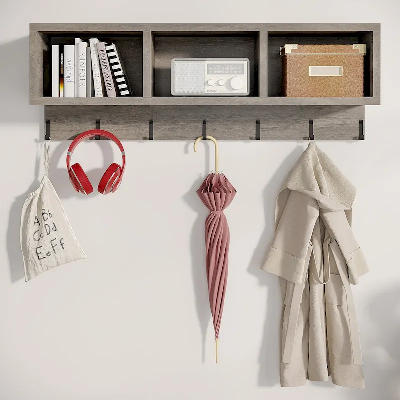 Industrial Entryway Shoe Bench and Wall-Mounted Coat Rack Set, Rustic Brown