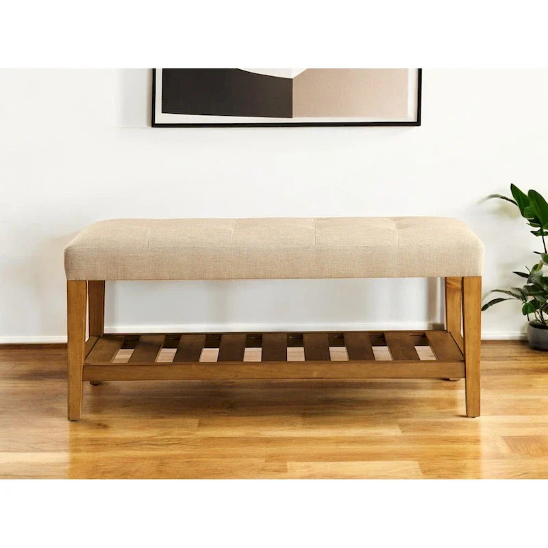 HomeRoots 40 Beige and Brown Upholstered Polyester Bench with Shelves