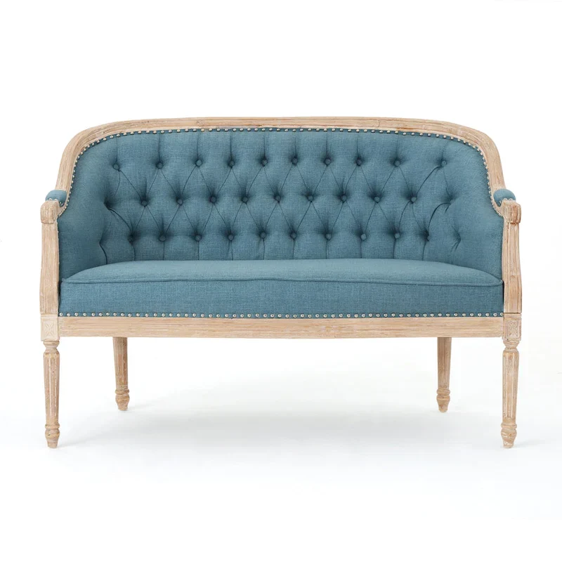Button-Tufted Upholstered Loveseat with Scrolled Arms and Nailhead Trim